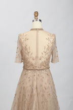 Champagne Beaded A-Line Mother of the Bride Dress with Short Sleeves MC070