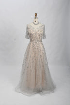 Champagne Beaded A-Line Mother of the Bride Dress with Short Sleeves MC070