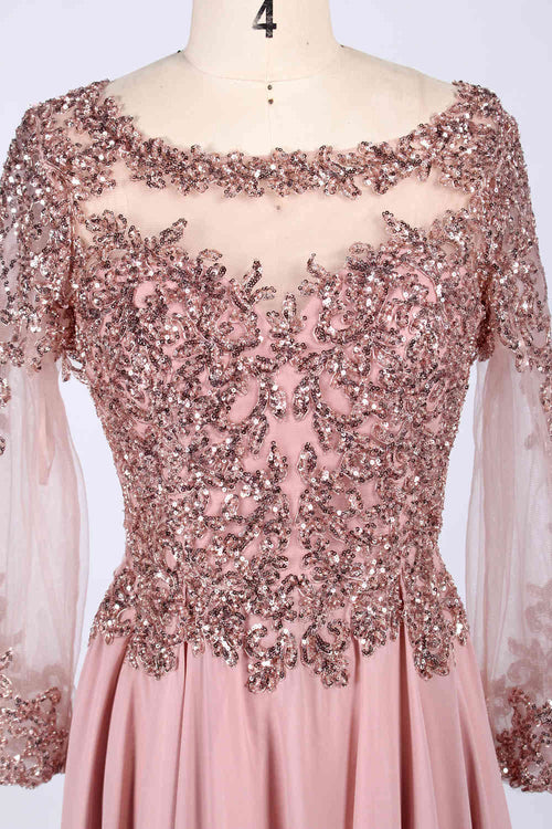 Sequin-embroidered bodice with round neckline and long sheer sleeves