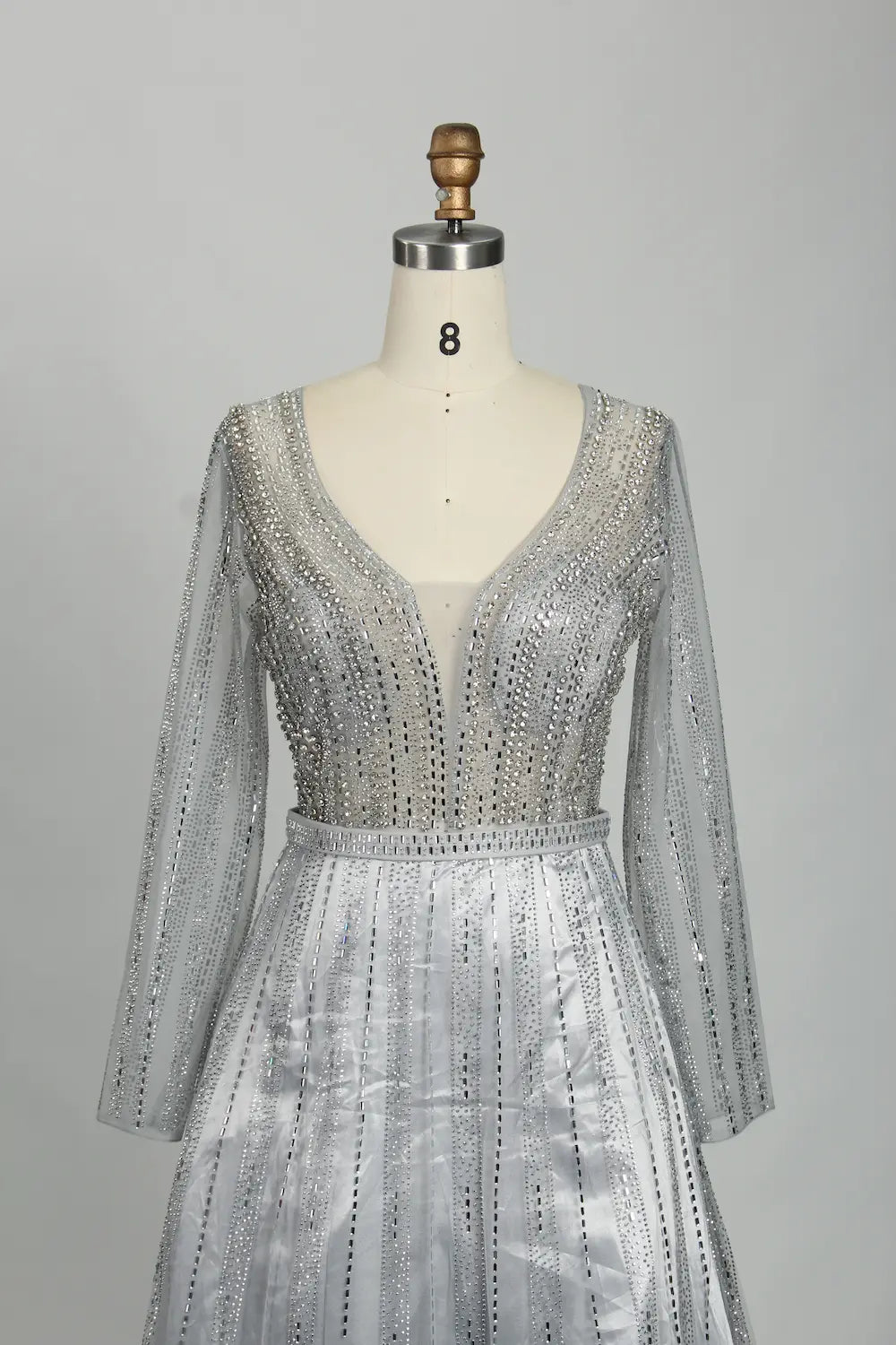 Silver Beaded Long Sleeve V-Neck A-Line Mother of the Bride Dress MK124