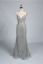 Wholesale Silver Beaded Sheer Mermaid Prom Dress 33172
