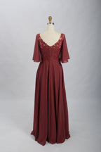 Wholesale Burgundy Lace Flutter-Sleeve Mother-of-the-Bride Gown 32698