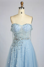 Champagne Gold Strapless Beaded Sequin Evening A-Line Dress MC169