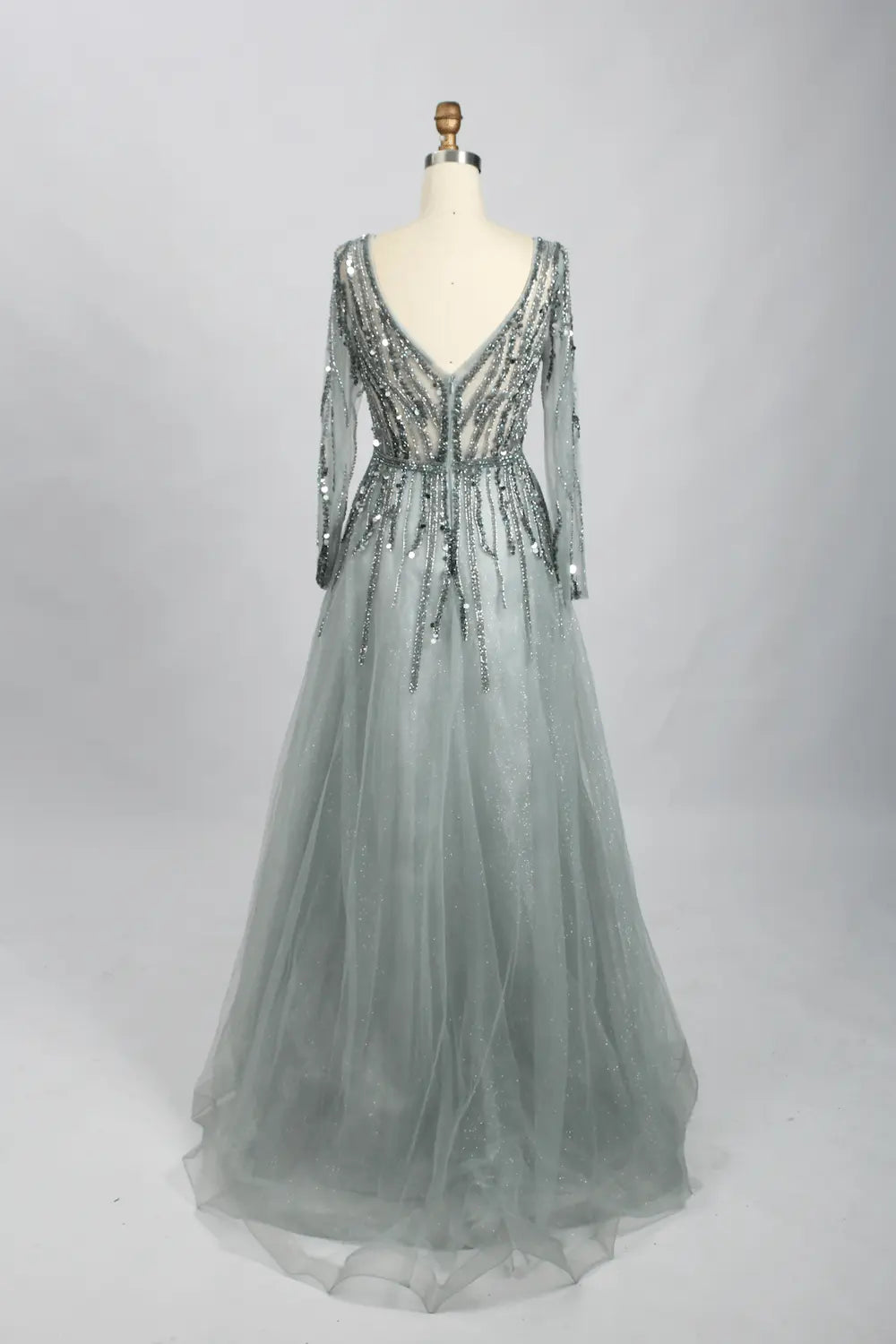 Draped V-Neck A-Line Mother of the Bride Dress with Long Sleeves MC086