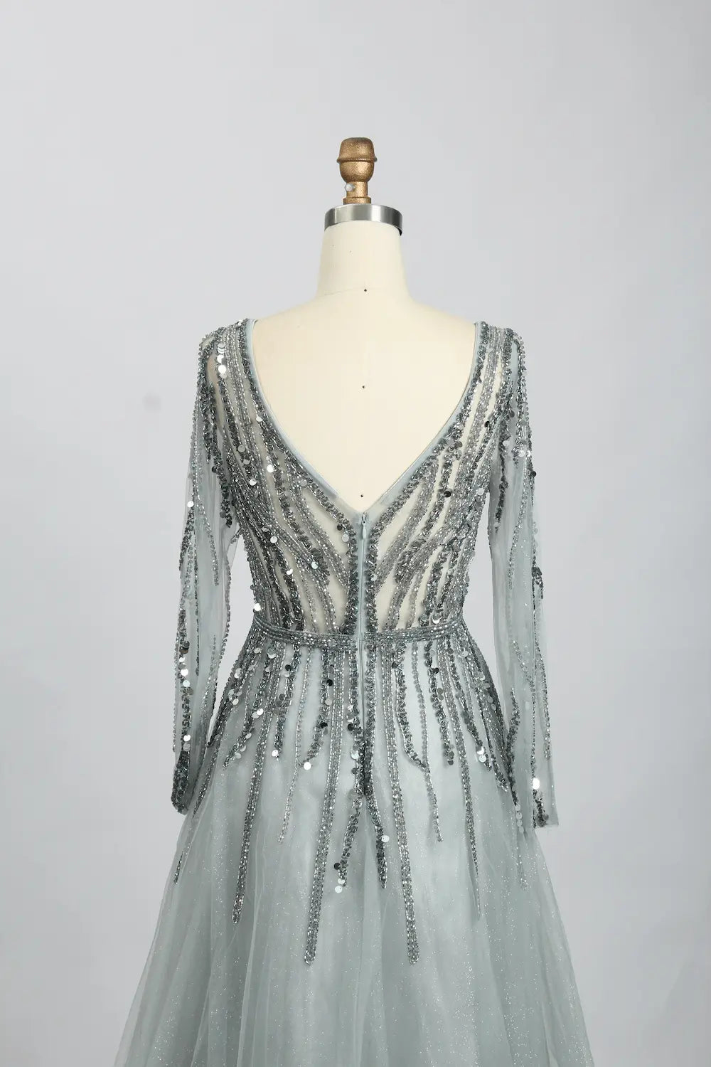 Draped V-Neck A-Line Mother of the Bride Dress with Long Sleeves MC086