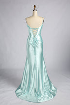 Mint satin mermaid prom dress with spaghetti straps and open back corset lacing