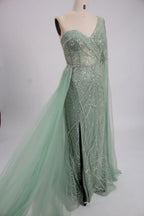 One Shoulder Beaded Sage Green Mother of the Bride Dress MK139