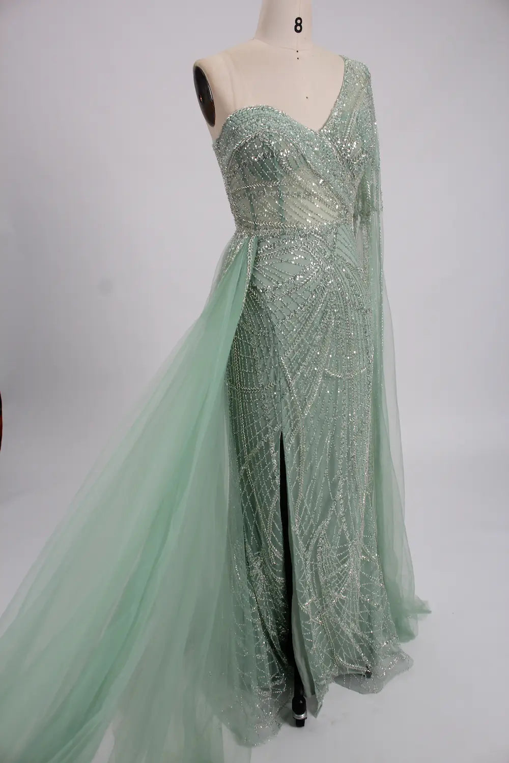 One Shoulder Beaded Sage Green Mother of the Bride Dress MK139
