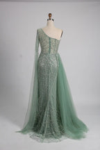 One Shoulder Beaded Sage Green Mother of the Bride Dress MK139