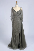 Beaded Cape V-Neck Slit Mermaid Mother of the Bride Dress MC168