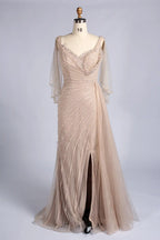 Beaded Cape V-Neck Slit Mermaid Mother of the Bride Dress MC168
