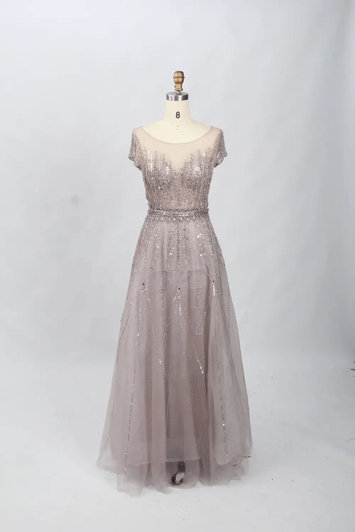 Blush pink A-line mother of the bride dress with short sleeves, sequined tulle, scoop neck