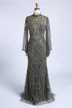 High-Neck Beaded Sequined Long Sleeve Mother of the Bride Dress MC170