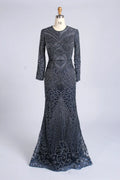 Elegant Blue Long Sleeve Beaded Mermaid Mother of the Bride Dress MC171