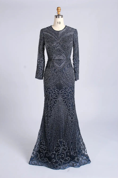 Dark blue long-sleeve beaded mermaid dress with V-neck and ornate swirl detailing