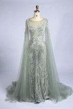 Silver sage beaded cape fit-and-flare gown with long sheer tulle sleeves