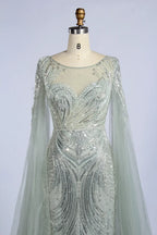 Silver sage beaded bodice fit-and-flare gown with long sheer cape sleeves