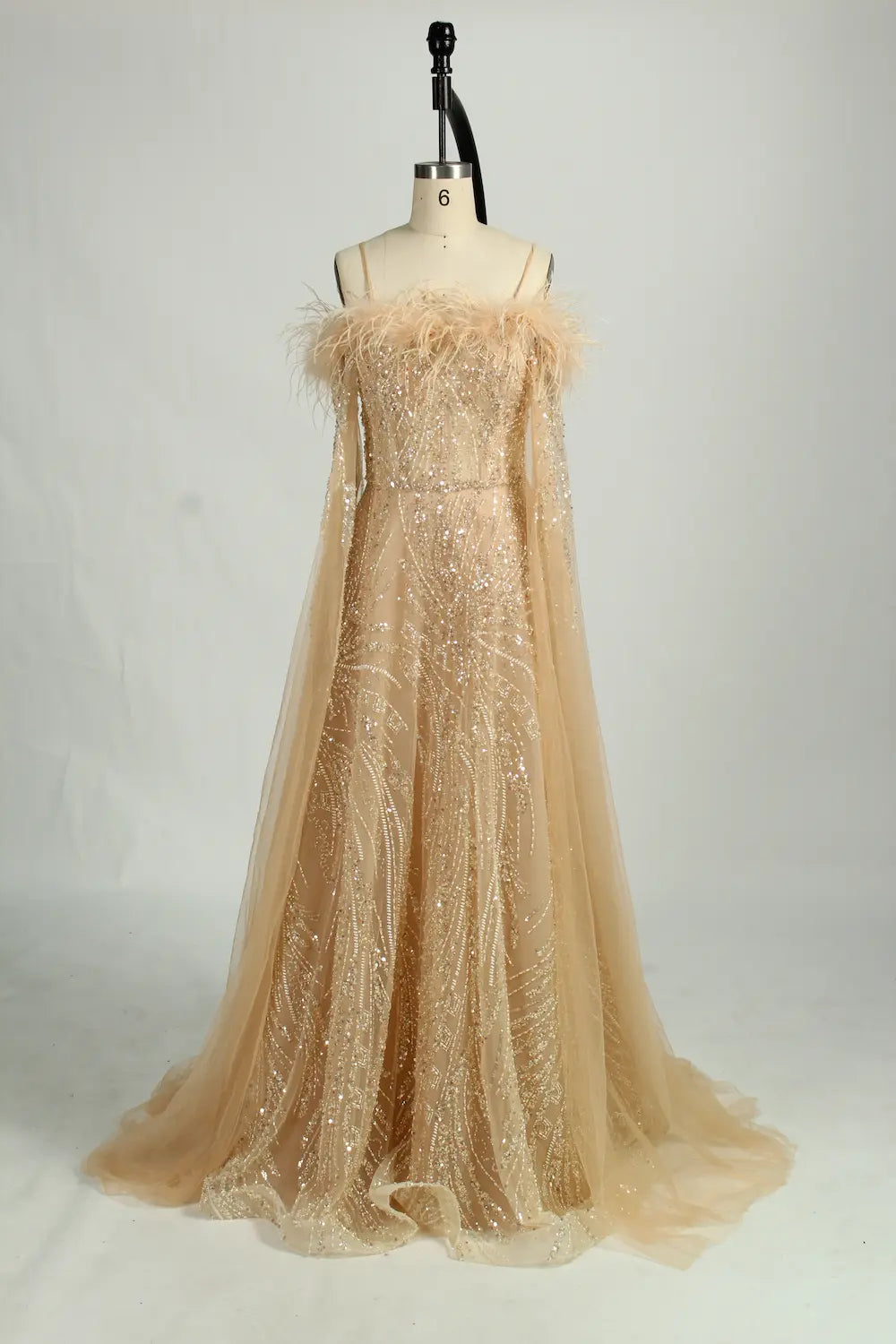 Sequin Feather Off-the-Shoulder Mother of the Bride Dress KS046