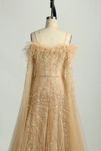 Sequin Feather Off-the-Shoulder Mother of the Bride Dress KS046