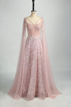 Beaded Sequin A-Line Mother of the Bride Dress with Cape Sleeves KS047