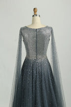Beaded V-Neck A-Line Mother of the Bride Dress with Cape Sleeves KS048