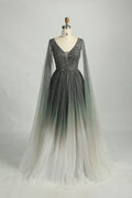 Ombre Beaded V-Neck A-Line Mother of the Bride Dress with Cape Sleeves KS049