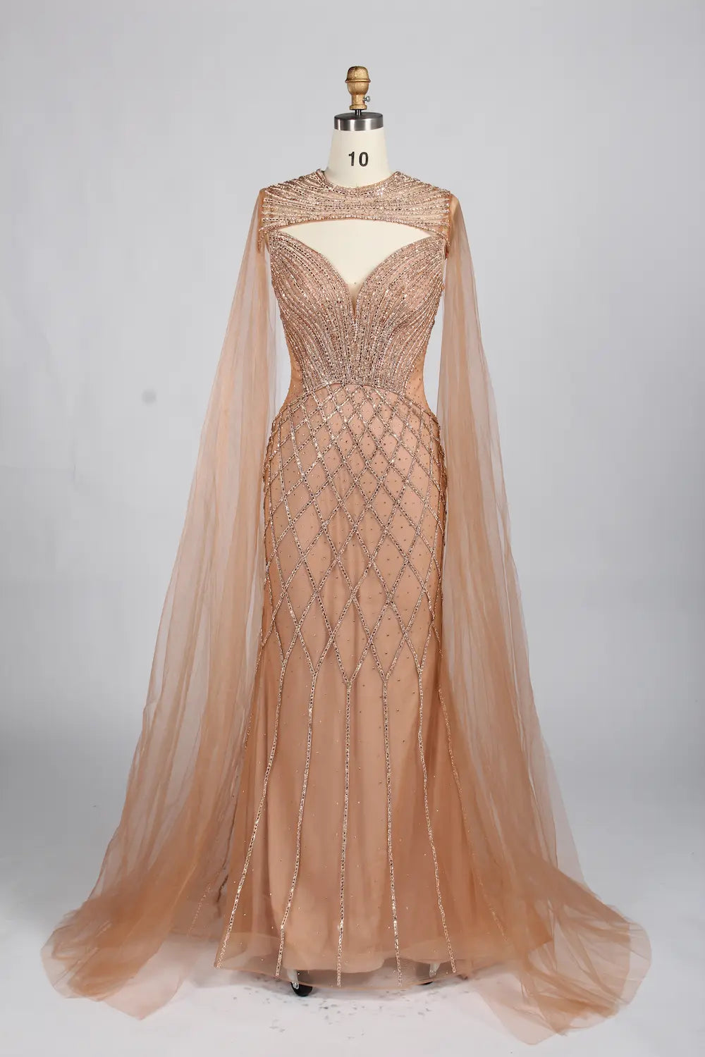 Luxury Beaded V-Neck Cape Sleeves Mother of the Bride Dress KY048