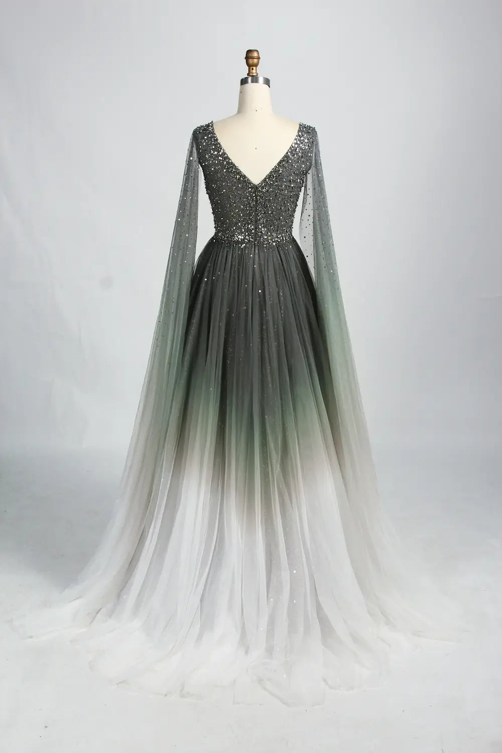 Ombre Beaded V-Neck A-Line Mother of the Bride Dress with Cape Sleeves KS049