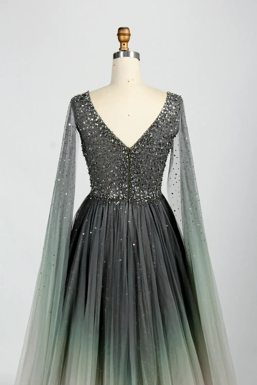 Ombre Beaded V-Neck A-Line Mother of the Bride Dress with Cape Sleeves KS049