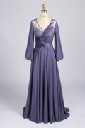 Purple Feather Embellished V-Neck Long Sleeve Chiffon A-Line MOB Dress MC172