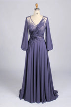 Purple Feather Embellished V-Neck Long Sleeve Chiffon A-Line MOB Dress MC172