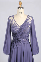 Purple Feather Embellished V-Neck Long Sleeve Chiffon A-Line MOB Dress MC172