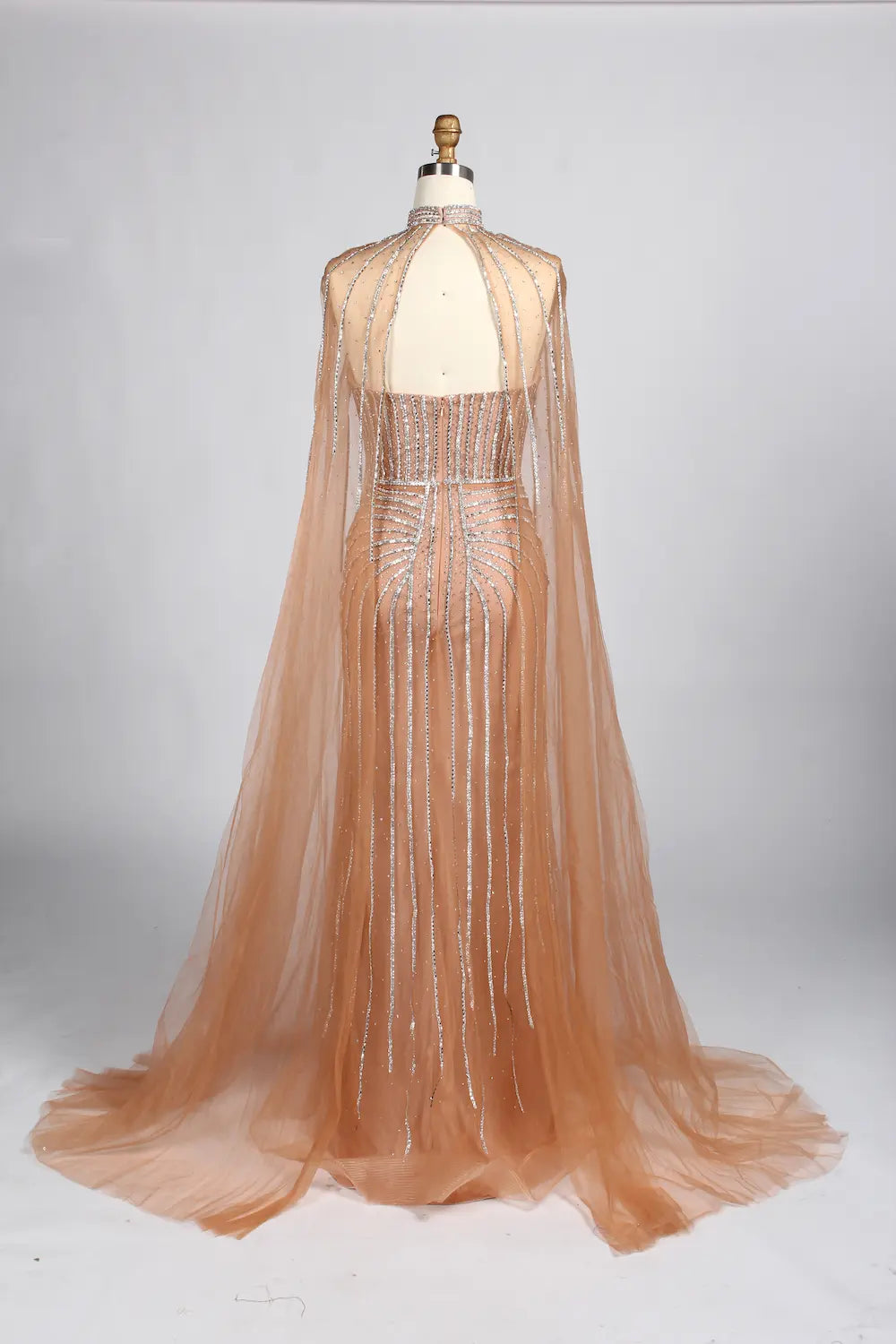 Luxury Pink Beaded Fit Mermaid Cape Sleeves Mother of the Bride Dress KY049