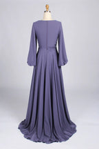 Purple Feather Embellished V-Neck Long Sleeve Chiffon A-Line MOB Dress MC172
