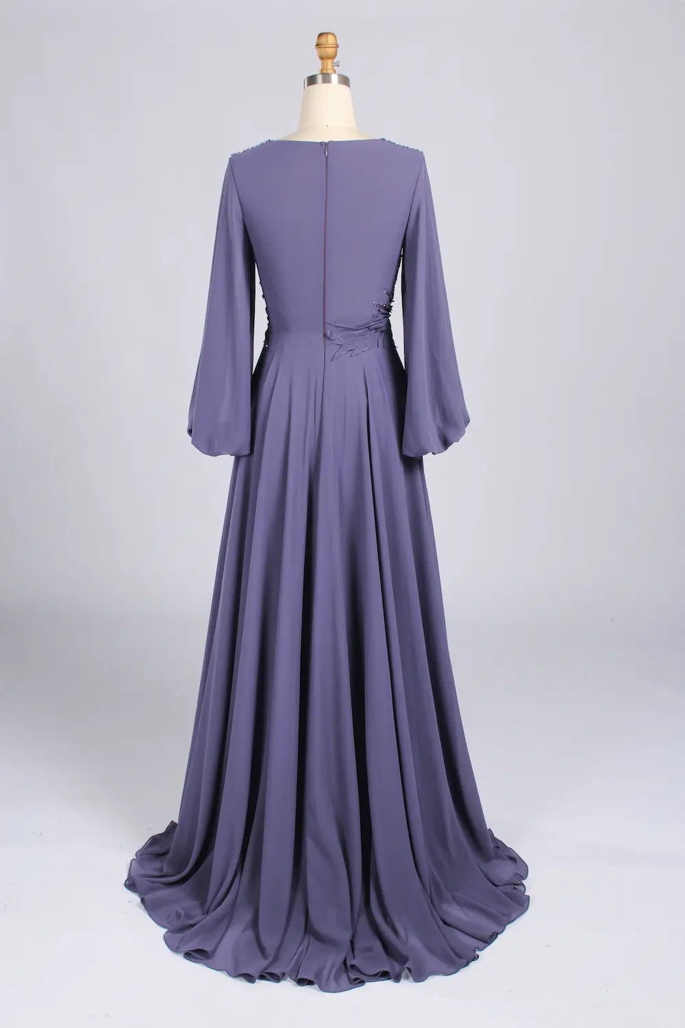 Purple Feather Embellished V-Neck Long Sleeve Chiffon A-Line MOB Dress MC172