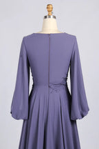 Purple Feather Embellished V-Neck Long Sleeve Chiffon A-Line MOB Dress MC172
