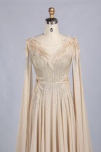 Champagne V-Neck Cape Sleeve Feather Accent A-Line MOB Dress MC173