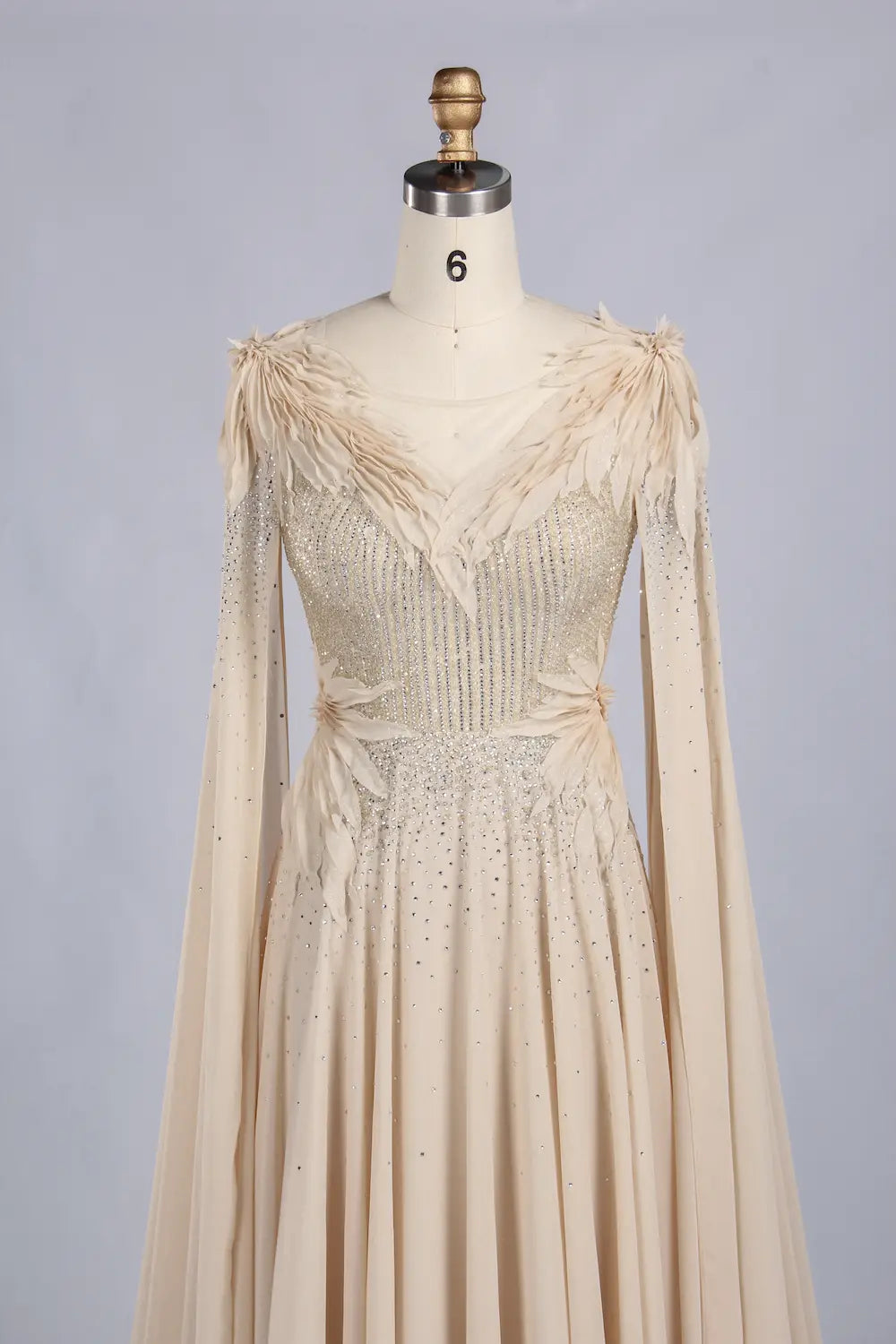 Champagne V-Neck Cape Sleeve Feather Accent A-Line MOB Dress MC173