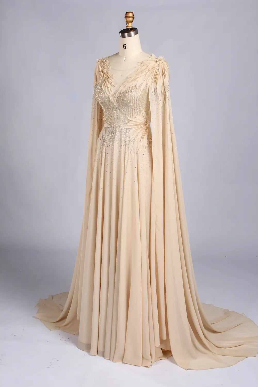 Champagne V-Neck Cape Sleeve Feather Accent A-Line MOB Dress MC173