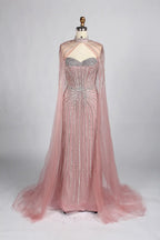 Luxury Pink Beaded Fit Mermaid Cape Sleeves Mother of the Bride Dress KY049