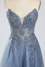 Wholesale Dusty Blue Beaded Strapless Tulle Evening Gown 33393