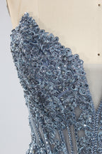 Wholesale Dusty Blue Beaded Strapless Tulle Evening Gown 33393