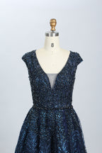 Navy sequined beaded ball gown with V-neck and short cap sleeves