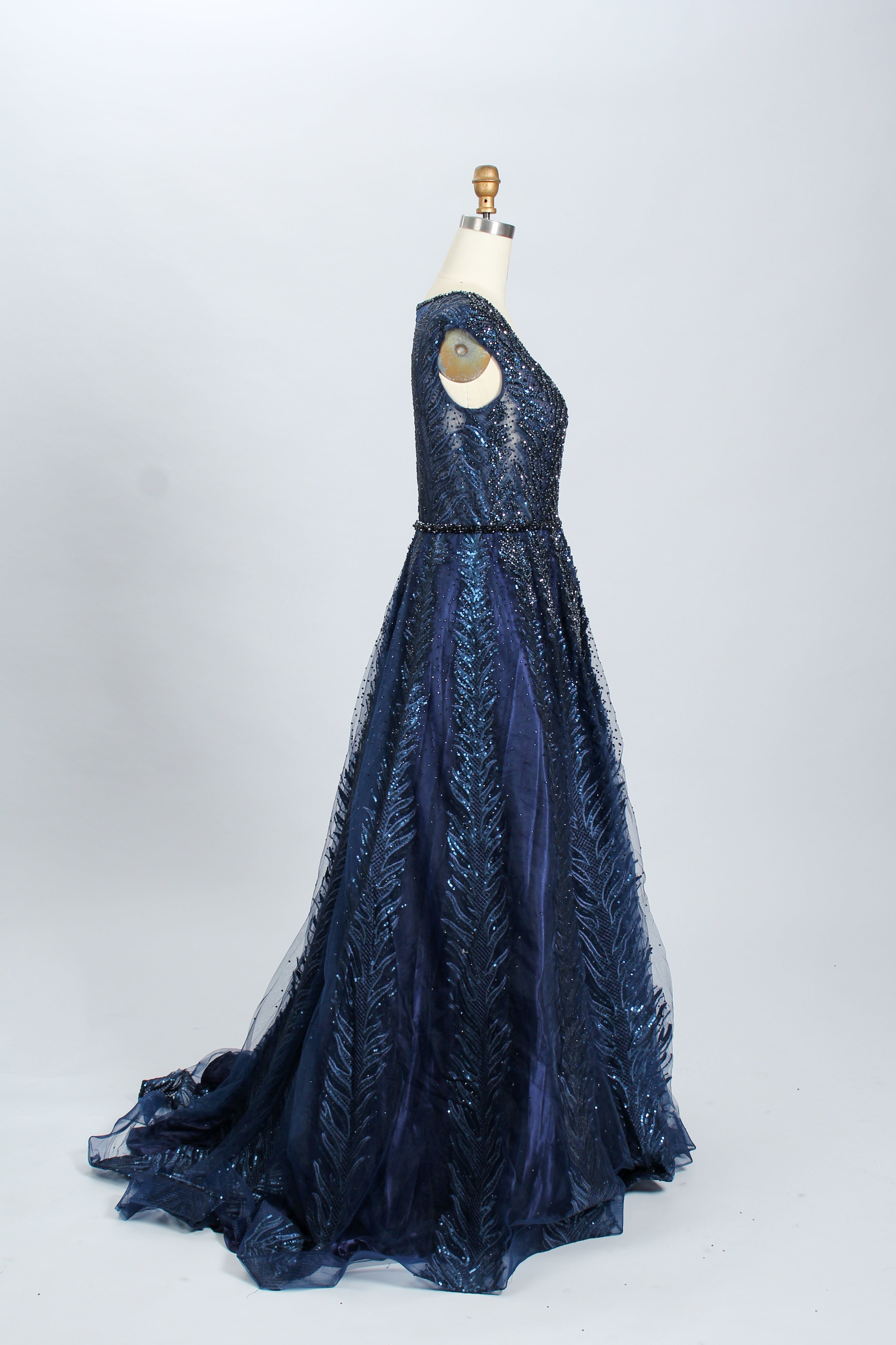 Navy sequined beaded ball gown, fitted bodice and flared skirt