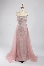 Pink Beaded Sequin Mermaid Evening Dress with Tulle Overskirt KY050