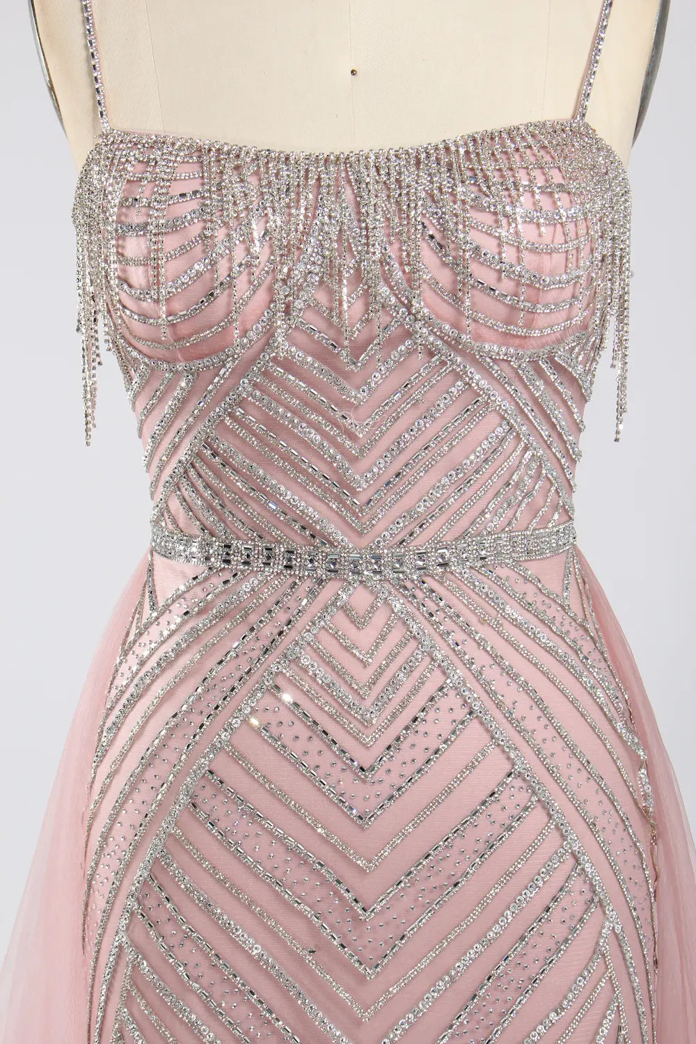 Pink Beaded Sequin Mermaid Evening Dress with Tulle Overskirt KY050