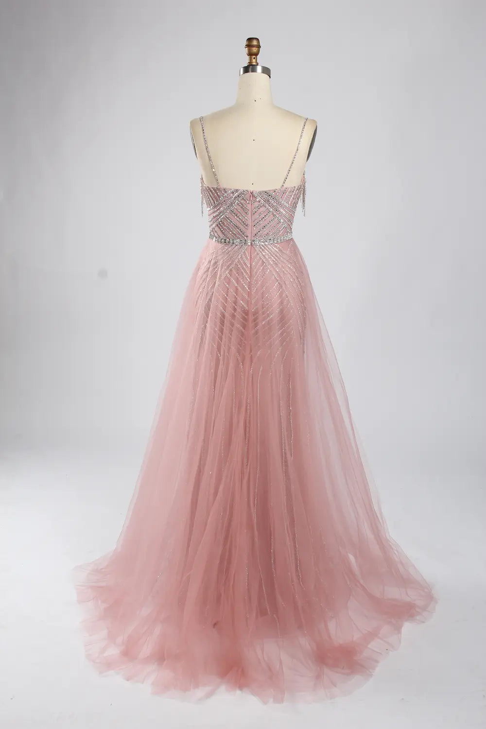 Pink Beaded Sequin Mermaid Evening Dress with Tulle Overskirt KY050