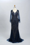 Navy beaded V-neck mermaid gown with sheer long sleeves and ornate scalloped trim