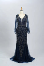 Navy beaded V-neck mermaid gown with sheer long sleeves and ornate scalloped trim