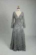 Charcoal Grey Beaded Long Sleeve V-Neck A-Line Mother of the Bride Dress MK125